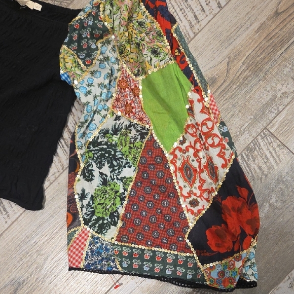 Anthropologie Black Top with Colorful Patchwork Sleeves - Picture 3 of 9